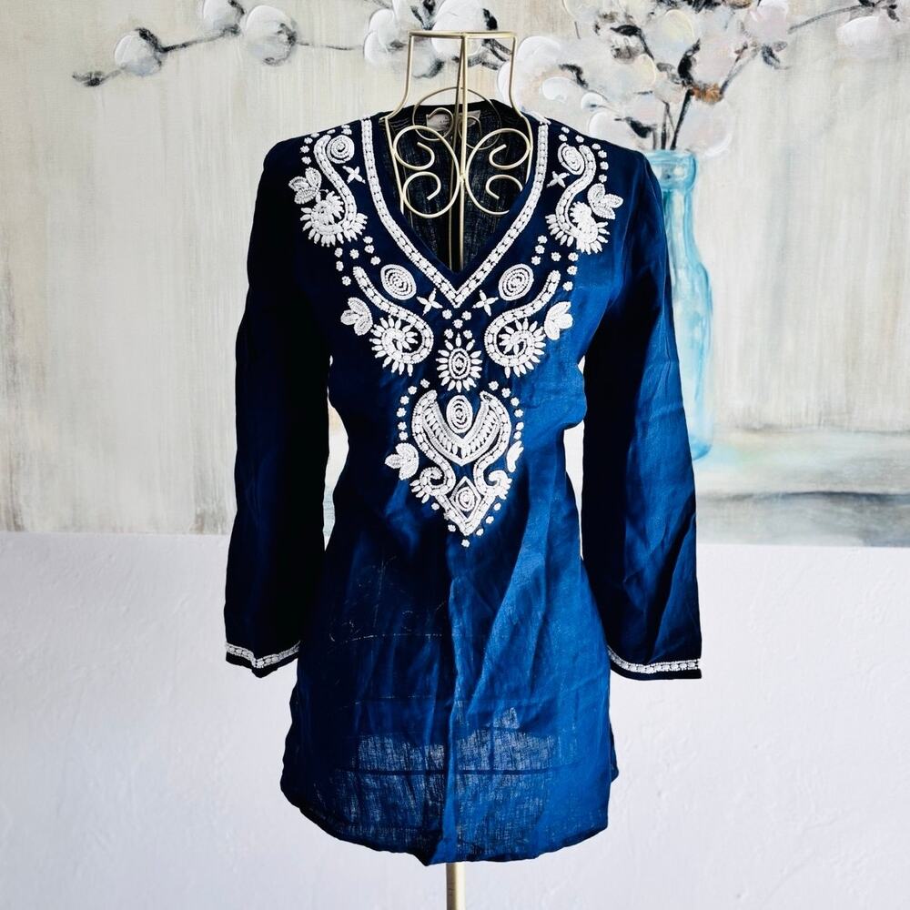 Charter Club Luxury Navy Linen Beaded Tunic Top Size S Boho Embellished - Picture 4 of 8